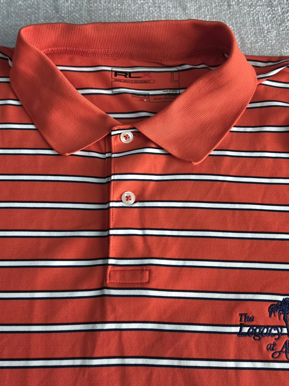 RLX Ralph Lauren Polo Shirt Men's Large Orange Striped Golf Legacy Club Alaqua